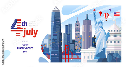 4th of July, Happy Independence Day of the United States of America; Vector poster, banner and greeting card with American holiday, city view of sight