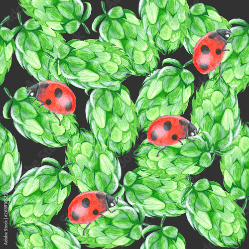 Hop cones and lady bugs seamless pattern on dark gray background, acrylic painted