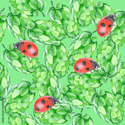 Hop cones and lady bugs seamless pattern on green background, acrylic painted