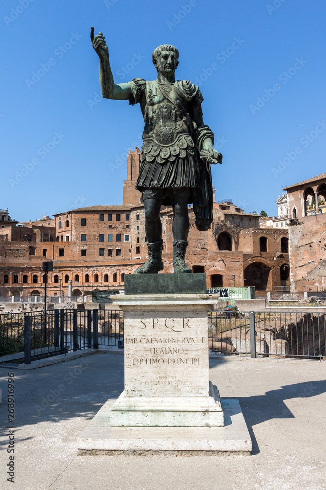 Amazing view of Trajan statue in city of Rome, Italy
