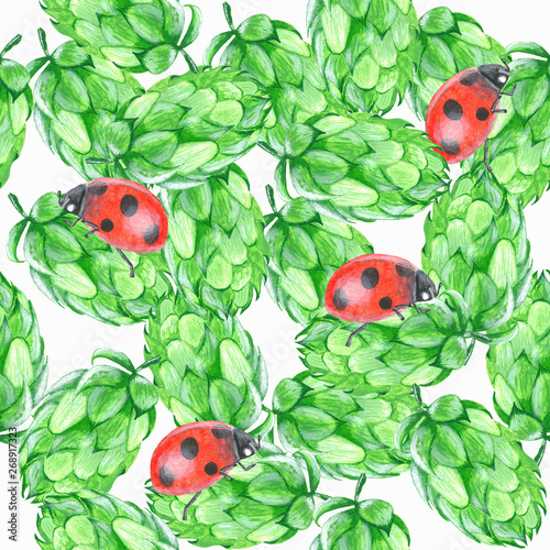Hop cones and lady bugs seamless pattern on white background, acrylic painted © lipchania