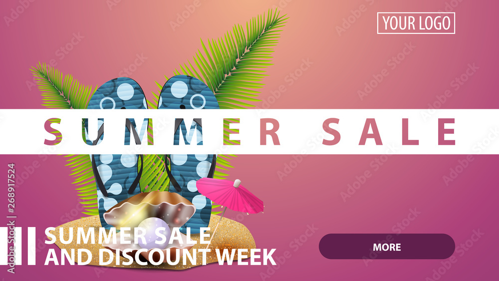 Fototapeta premium Summer sale, creative pink discount web banner for your website with flip flops, pearl and palm leaves