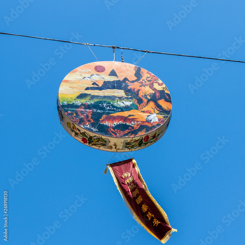 Close up of a beautiful painted paper lantern for festival to celebrate the birthday of Buddha in South Korea. Guinsa Temple, Danyang, South Korea.