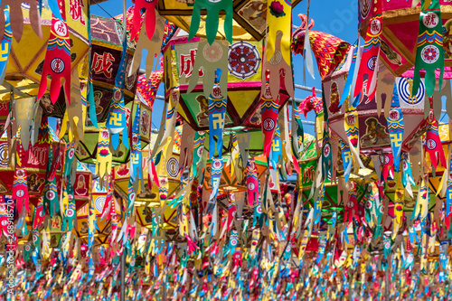 Close up of many of beautiful paper lanterns for festival to celebrate the birthday of Buddha in South Korea. Guinsa Temple, Danyang, South Korea.