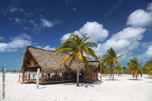 Beachfront Wooden Shack Bar and Grill Restaurant on Playa Sirena Tropical Beach on Cayo Largo Del Sur Tourist Resort Caribbean Sea Cuban Coast