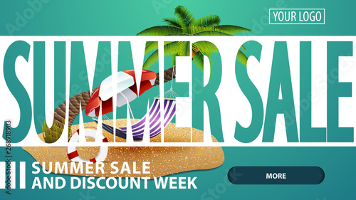 Summer sale, creative green discount web banner for your website with palm tree, hammock and beach umbrella