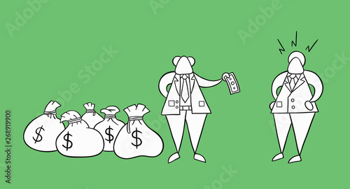 Hand-drawn vector boss has a lot of money with sacks and pays one money to his businessman worker