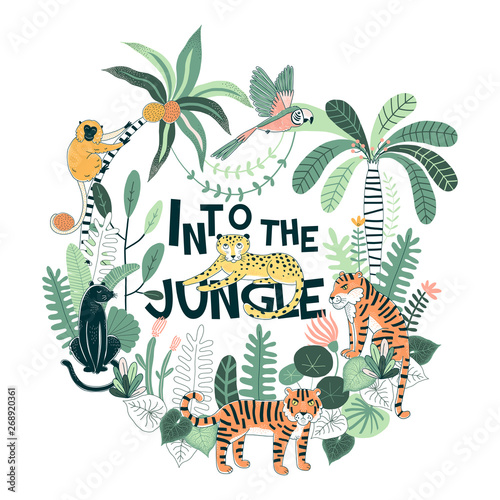 Exotic Tropical wildlife Typographic illustration with Tiger Panther Leopard Monkey Parrot Palm trees plants Into the jungle lettering Rainforest nature inspired summer t-shirt print for kids