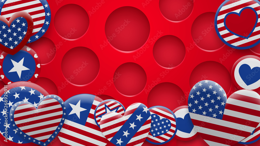 Fototapeta premium Vector illustration of various USA symbols in red and blue colors on background with holes. Independence Day United States of America