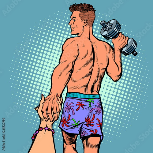 follow me man with dumbbells. sports and fitness