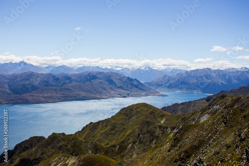 Mountains and lake Hawea, near to Wanaka city, south island, New Zealand.