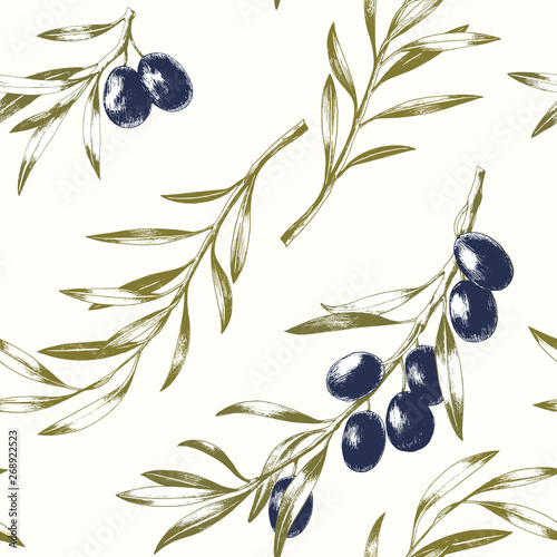 Seamless pattern with black olive branches. Elegant watercolor background.