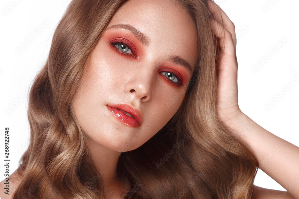 Beautiful fresh girl with perfect skin, bright red make up. Beauty face. Beautiful fresh girl with perfect skin, bright red make up. Beauty face.