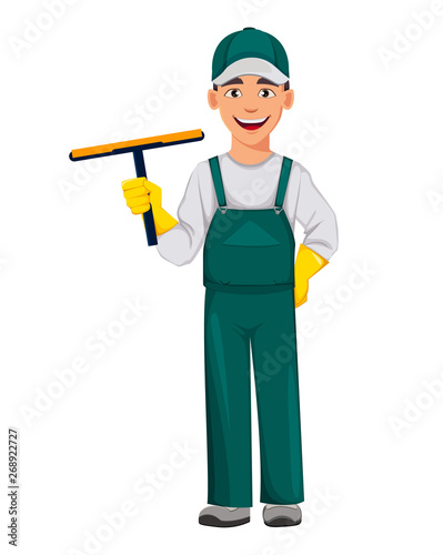 Cleaning service concept. Cheerful cartoon character