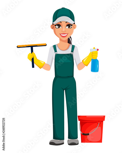 Cleaning service concept. Cheerful cartoon character