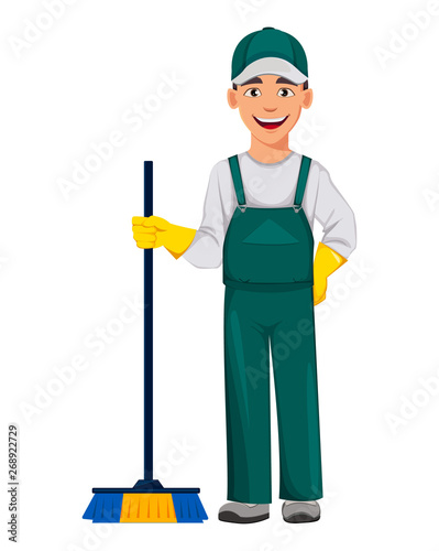 Cleaning service concept. Cheerful cartoon character