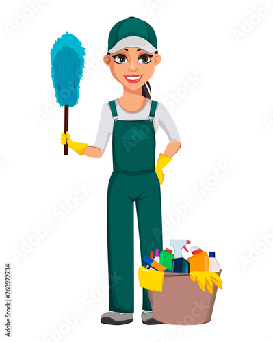 Cleaning service concept. Cheerful cartoon character