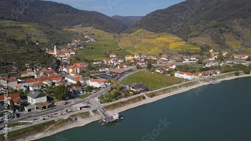 Aerial panorama of Spitz an der Donau town and vineyards. Wachau valley, Austria photo
