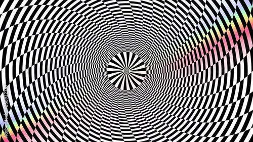 Hypnotic motion background with twisting checkered circles and chromatic aberration effect. Swirling abstraction with the sunlight. Seamless looping animation.