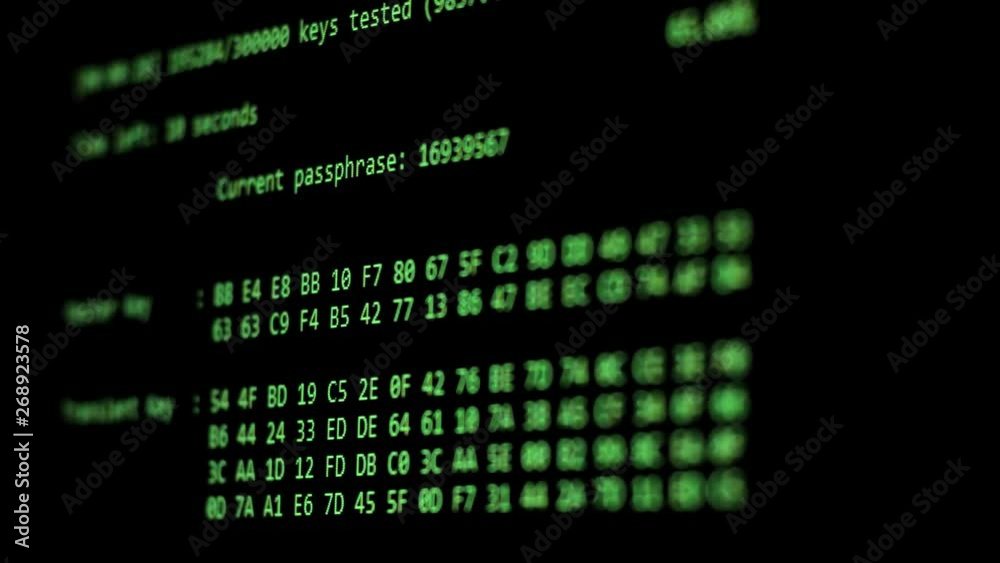 Computer Hacking, hacking bruteforce password attack via Wi-Fi network, Columns Of Hexadecimal Numbers Scrolling On Computer Screen, 4K, Uhd, Key found! dark screen hacker