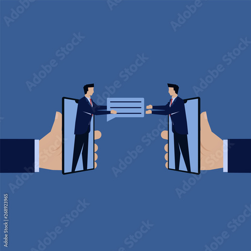 Businessman give comment to friend from smart phone online