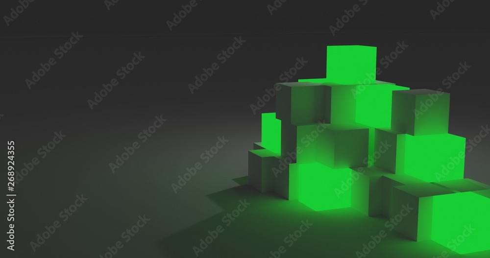 Abstract structure cubes with green color light in the dark background. 3D illustration