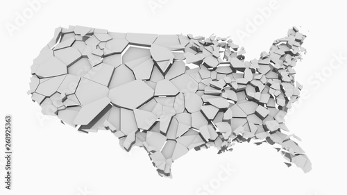 United States of America gray 3D map fractured into random pieces 