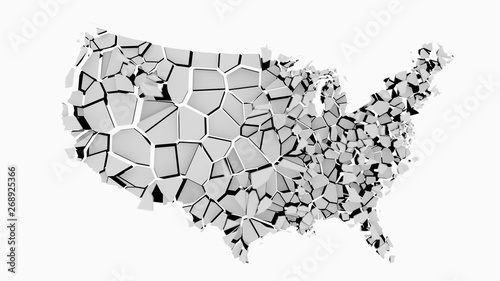 United States of America gray 3D map fractured into random pieces 