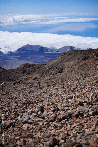 Volcanic rocks higher than the clouds on Teide mountain in Tenerife, Spain