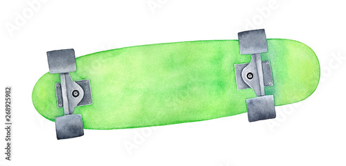 Skateboard with bright yellow-green watercolour pattern. One single object, bottom view. Handdrawn water color sketchy paint on white background, cutout clipart element for creative design decoration.
