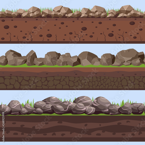 Soil Seamless layers ground layer. Stones and grass on dirts. Vector