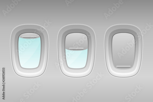 Vector 3d Realistic Three White Plastic Portholes of Airplane with Open and Closed Window Shades. Icon set Closeup. View From Aircraft Flight Window. Travel and Tourism Concept
