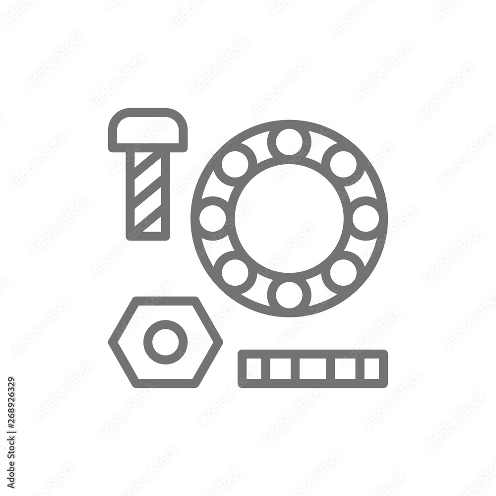 Metal parts, washers with bolts and bearings line icon. Metal parts, washers with bolts and bearings line icon.