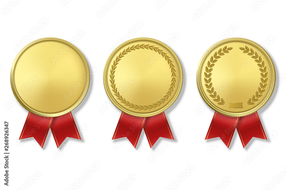 Vector 3d Realistic Gold Award Medal Icon Set with Color Ribbons Closeup Isolated on White Background. The First Place, Prizes. Sport Tournament, Victory or Winner Concept Vector 3d Realistic Gold Award Medal Icon Set with Color Ribbons Closeup Isolated on White Background. The First Place, Prizes. Sport Tournament, Victory or Winner Concept