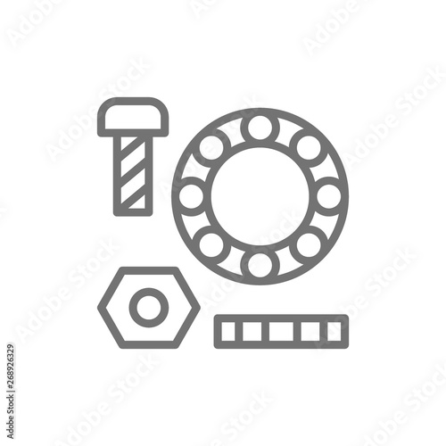 Metal parts, washers with bolts and bearings line icon.