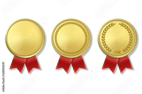 Vector 3d Realistic Gold Award Medal Icon Set with Color Ribbons Closeup Isolated on White Background. The First Place, Prizes. Sport Tournament, Victory or Winner Concept