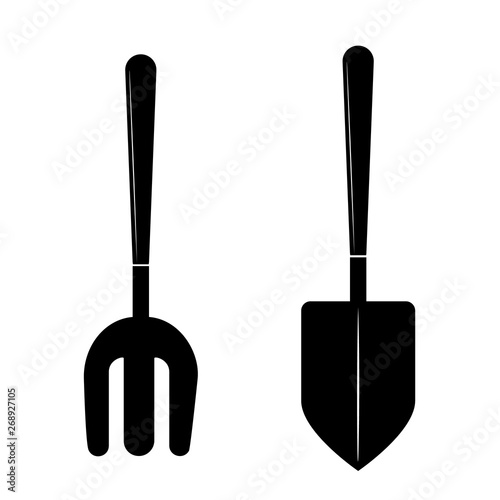 Illustration of garden tools. Vector in simple style. Rake and shovel in black. Icons for web.