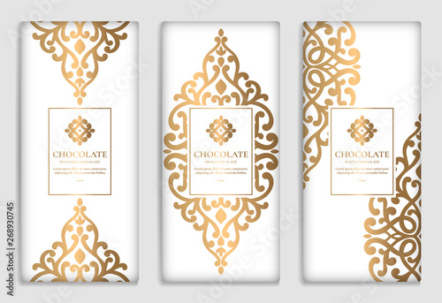 Golden vintage set of chocolate bar packaging design. Vector luxury template with ornament elements. Can be used for background and wallpaper. Great for food and drink package types.