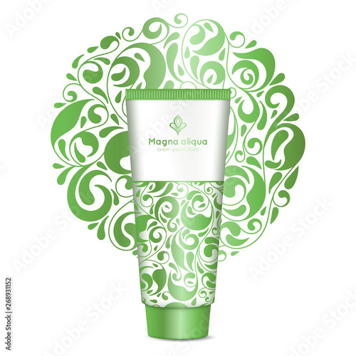 Luxury green packaging design for cosmetics. Vintage vector ornament template. Elegant, classic elements. Great for lotion, cream and other package types. Can be used for background and wallpaper.