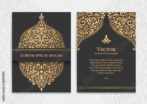 Gold vintage greeting card design with a black background. Luxury vector ornament template. Mandala. Great for invitation, flyer, menu, brochure, wallpaper, decoration, or any desired idea.