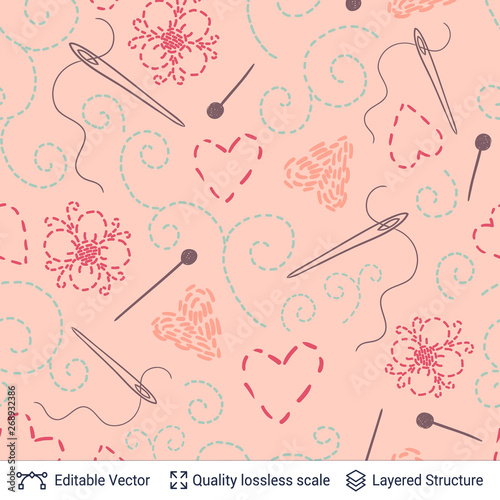 Embroidery with pins and needles. Seamless pattern