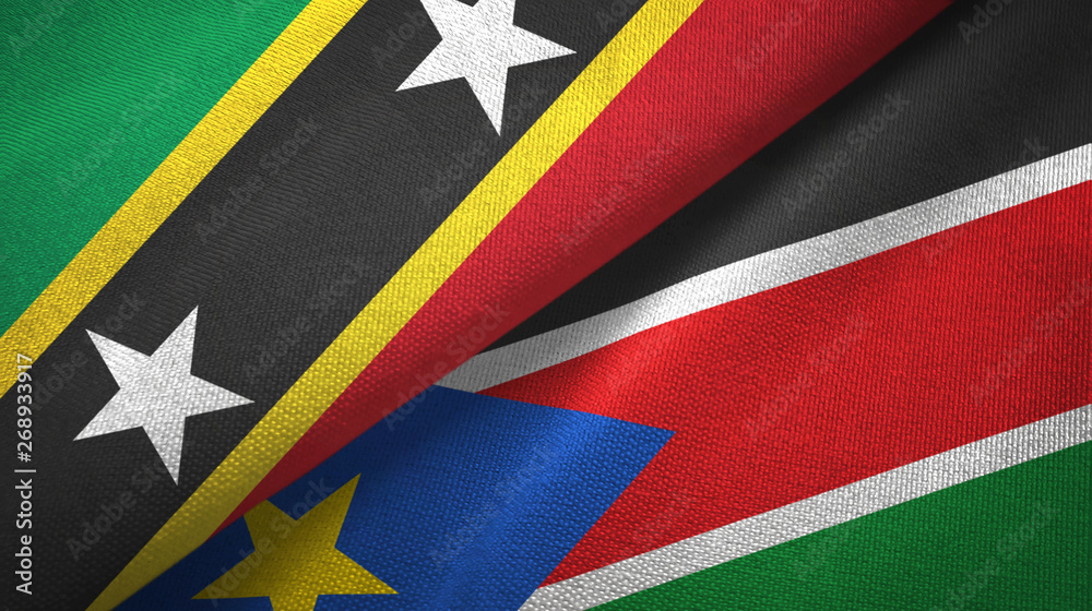 Saint Kitts and Nevis and South Sudan two flags textile cloth, fabric texture Saint Kitts and Nevis and South Sudan two flags textile cloth, fabric texture