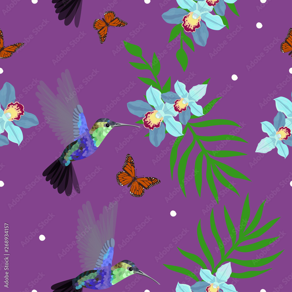 Seamless pattern with hummingbirds, orchids, palm leaves, monarch butterflies. Vector illustration, can be used as a print for textiles and wrapping paper, and design element and much more.