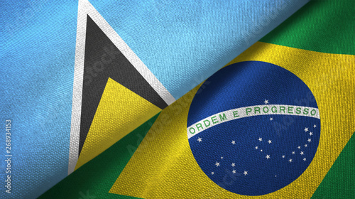 Saint Lucia and Brazil two flags textile cloth, fabric texture 