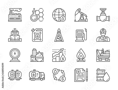 Set of Oil Industry Line Icons. Fuel Truck, Engineer, Factory and more.