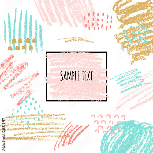 Artistic background with hand drawn textures, pastel chalk crayon, geometric shapes in hipster style. 