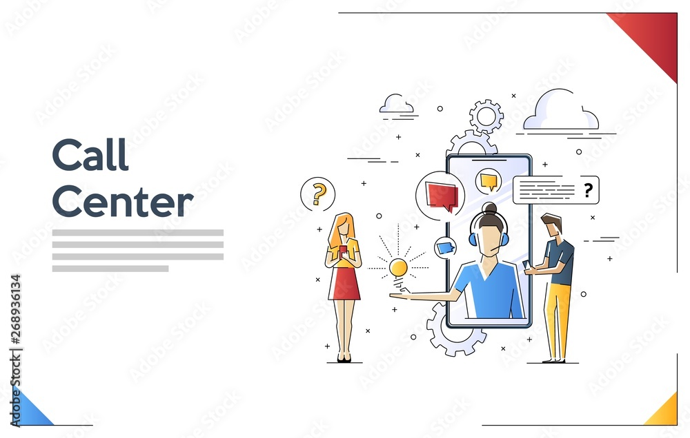 Fototapeta premium Flat linear illustration of Call Center. Customer Support concept. Vector banner, icon, illustration. Support service help assistance guidance. Flat female support and client service staff worker.