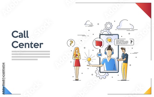 Flat linear illustration of Call Center. Customer Support concept. Vector banner, icon, illustration. Support service help assistance guidance. Flat female support and client service staff worker.
