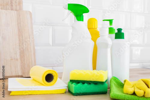 Cleaning set for different surfaces. Cleaning products or home cleaning concept.