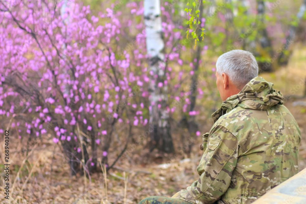 An elderly man with gray hair in khaki clothes sits in the spring forest and enjoys flowering shrubs. Life in nature in old age.